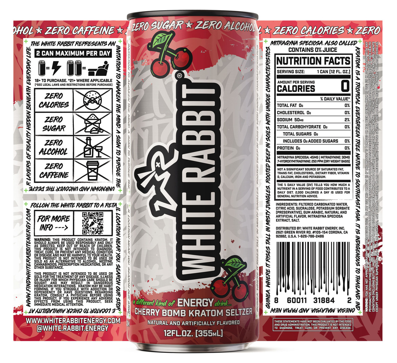 White Rabbit Cherry Bomb Kratom Seltzer 12oz - Image 2