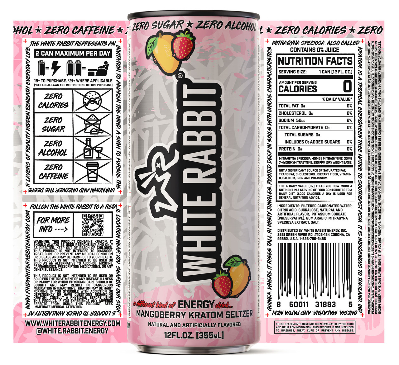 White Rabbit MangoBerry Kratom Seltzer 12oz - Image 2