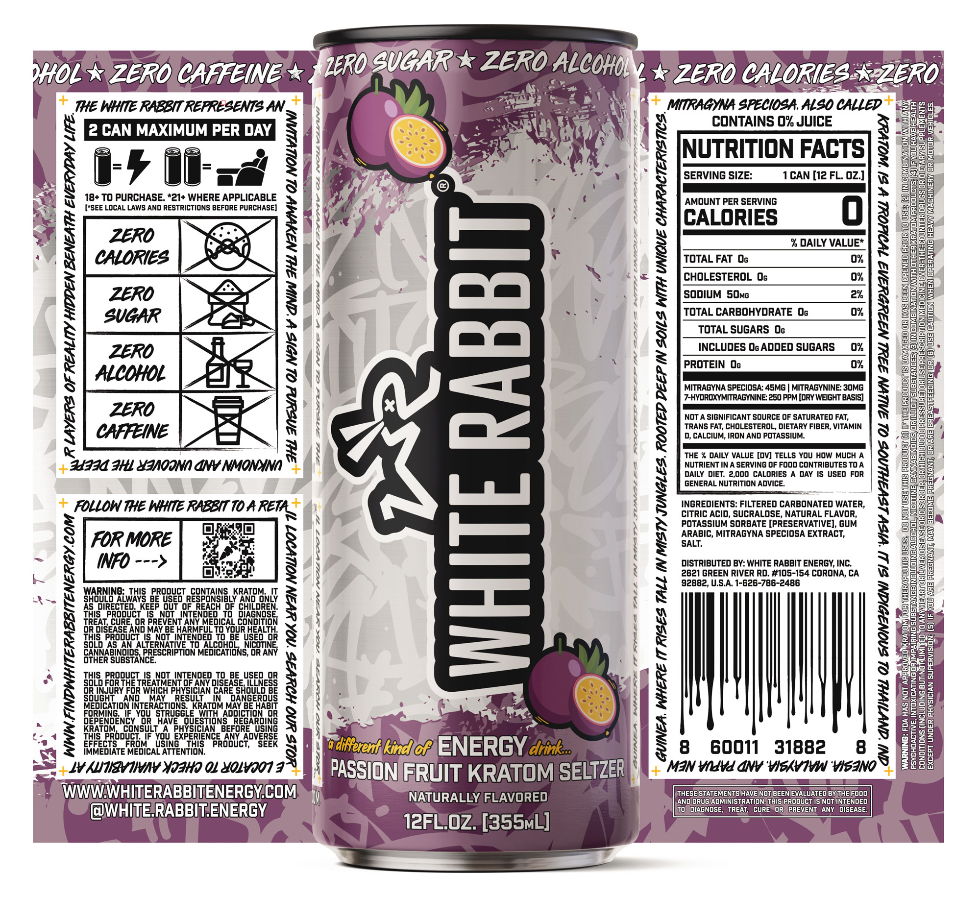 White Rabbit Passion Fruit Kratom Seltzer 12oz - Image 2