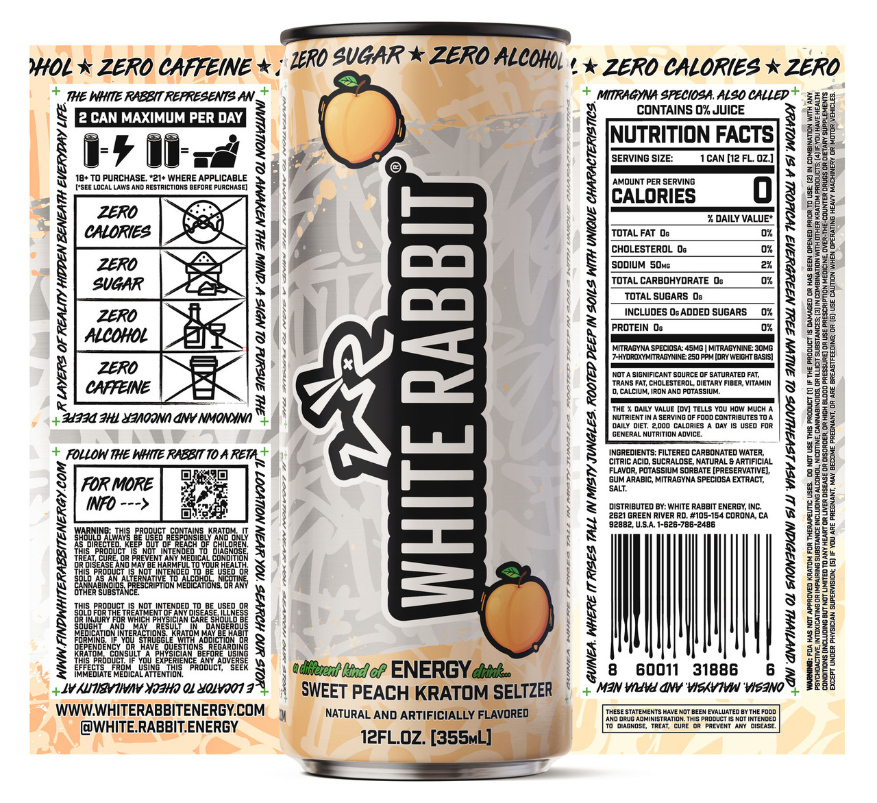 White Rabbit Sweet Peach Kratom Seltzer 12oz - Image 2