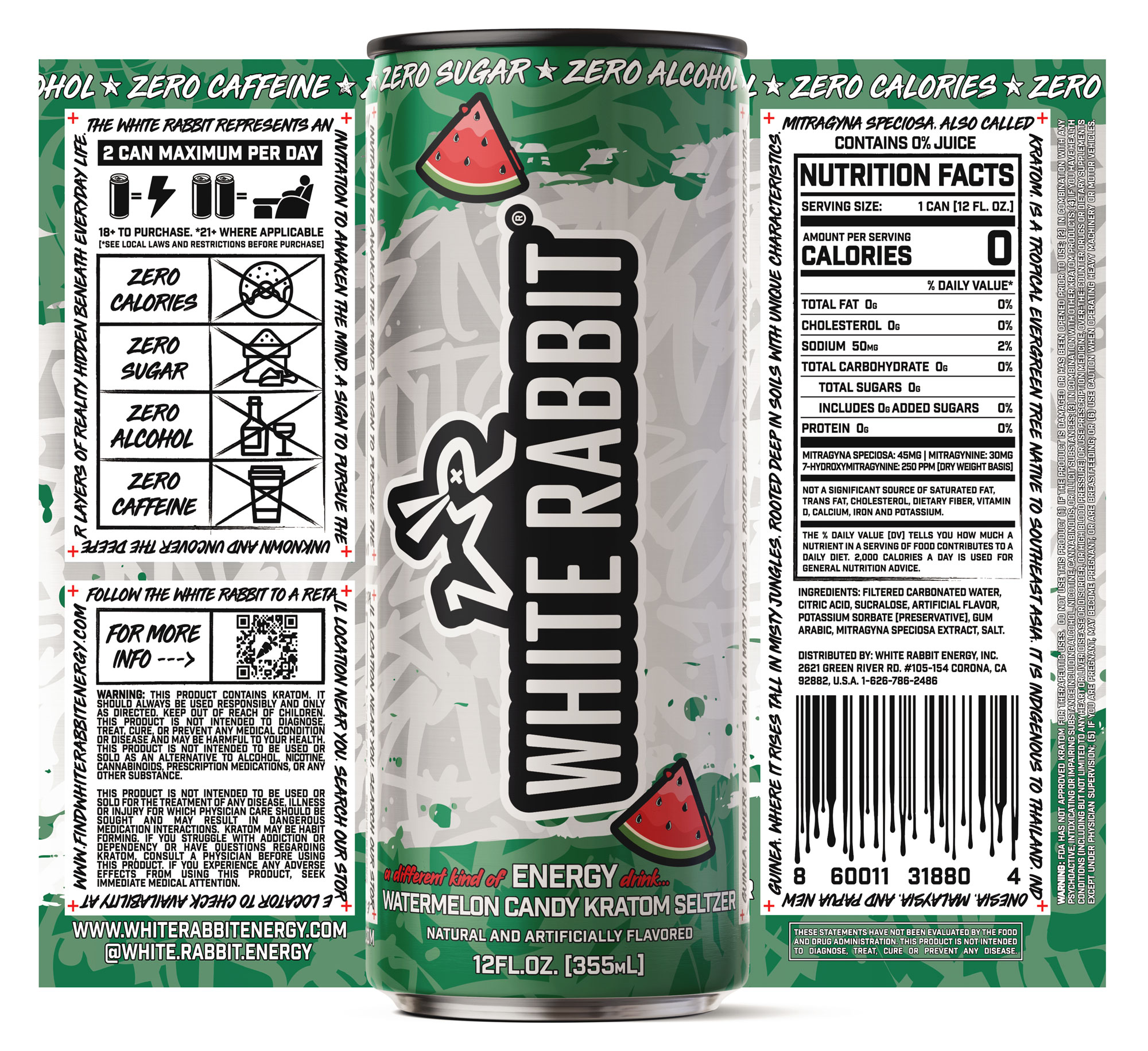White Rabbit Watermelon Candy Kratom Seltzer 12oz - Image 2